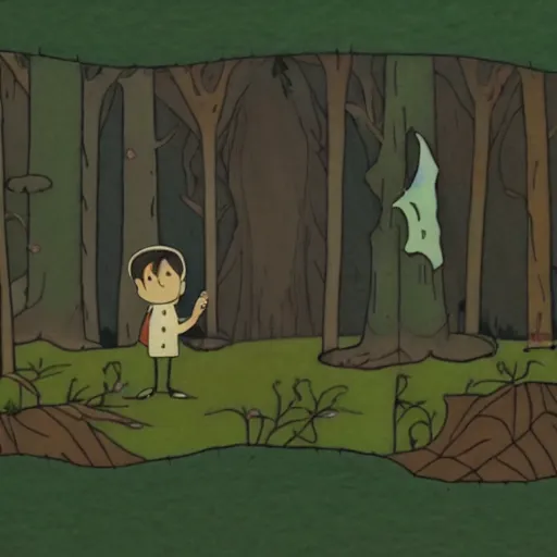 Image similar to Over the Garden Wall, greg and wirt are lost in the forest, scene made of felt and wool, claymation