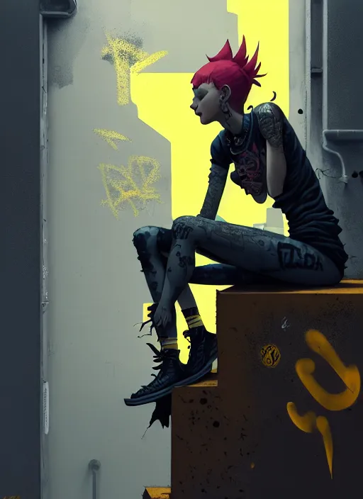 Image similar to highly detailed matte painting, of punk girl sitting on maximalist 3 d calligraphy graffiti tag light eroding grey walls, by atey ghailan, by greg rutkowski, by greg tocchini, by james gilleard, by joe fenton, by kaethe butcher, yellow, brown, black and cyan mystical color scheme, grunge aesthetic, octane render