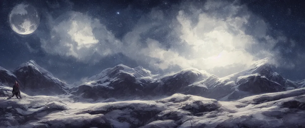 Image similar to snowy mountain range, stars in sky, whales flying in clouds, digital painting, concept art, high detail, style of Jordan Grimmer, fluffy calm clouds, matte painting, high res, moon shine, volumetric, starry sky