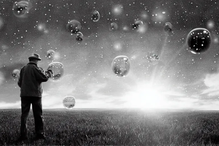 Image similar to an old man in a field looking at multiverse bubbles in the sky, scene from a stanley kubrick movie