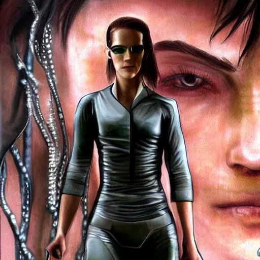 Prompt: emma watson as a cyborg in the matrix, digital art, detailed, painting, fantasy, sci fi