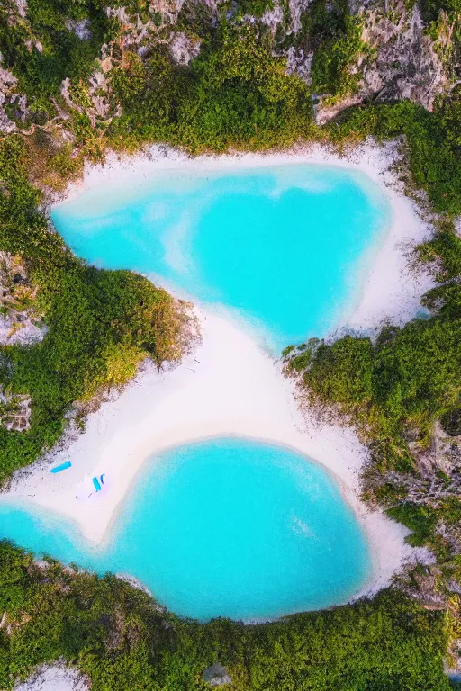 Image similar to Drone Photo of a Beach, turquoise water, calm, volumetric lighting, summer, Cinematic, award winning, highly detailed, photo print.