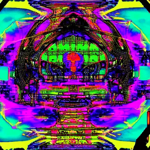 Image similar to Crazy cathedral, weirdcore, dreamcore, old crt overlay, old computer graphics, colourful