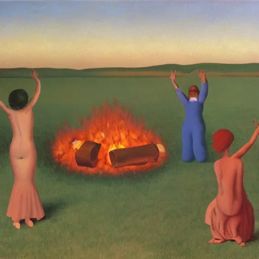 Image similar to insane dances around the campfire, oil painting rene magritte