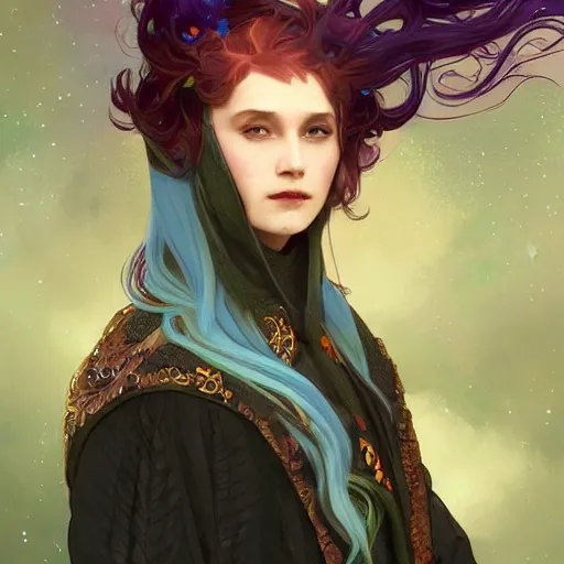 Prompt: a nonbinary changeling wearing a starry cloak, aurora colored hair, starry eyes, curious expression, character art, trending on artstation, 4k ultra hd, sharp focus, digital art by artgerm and greg rutkowski and alphonse mucha