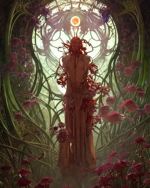 Image similar to the platonic ideal of flowers, rotting, insects and praying of cletus kasady carnage davinci dementor chtulu mandala ponyo dinotopia bioshock the witcher, fantasy, ego death, decay, dmt, psilocybin, concept art by randy vargas and greg rutkowski and ruan jia and alphonse mucha