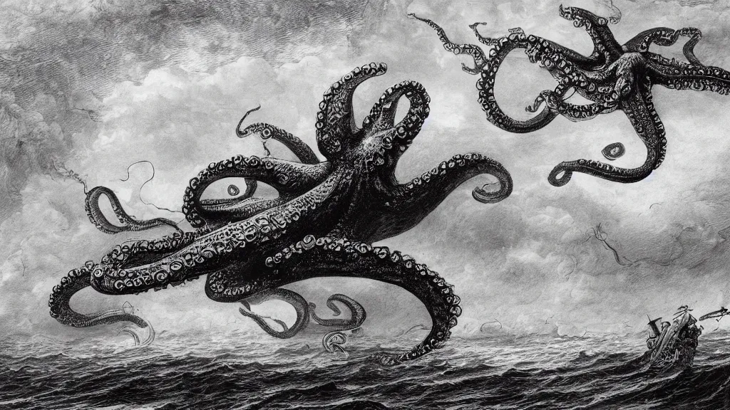 Image similar to drawing of a giant octopus attacking a steampunk zeppelin above a stormy ocean, by gustave dore, nineteenth century, black and white, vintage, science fiction, epic composition, dramatic lighting, highly detailed, cinematic