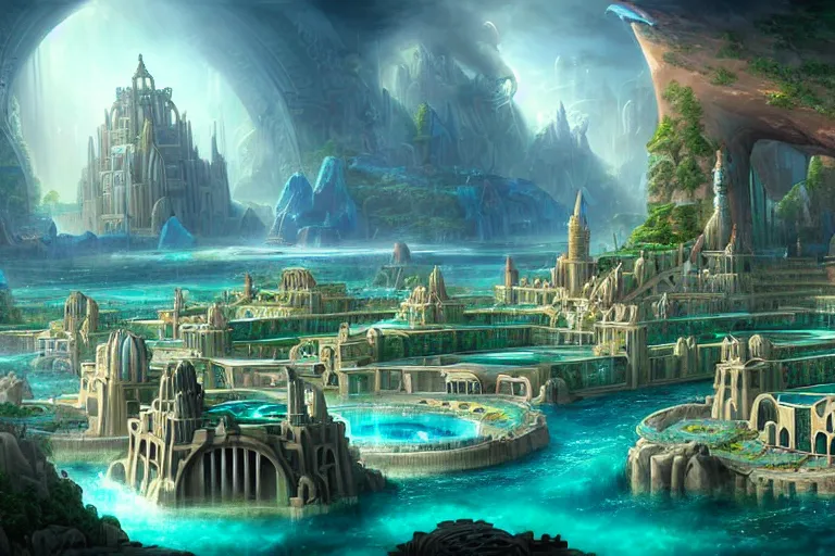 Image similar to a beautiful complex insanely detailed matte painting of the magical city of Atlantis by Heironymous Bosch and Tyler Edlin