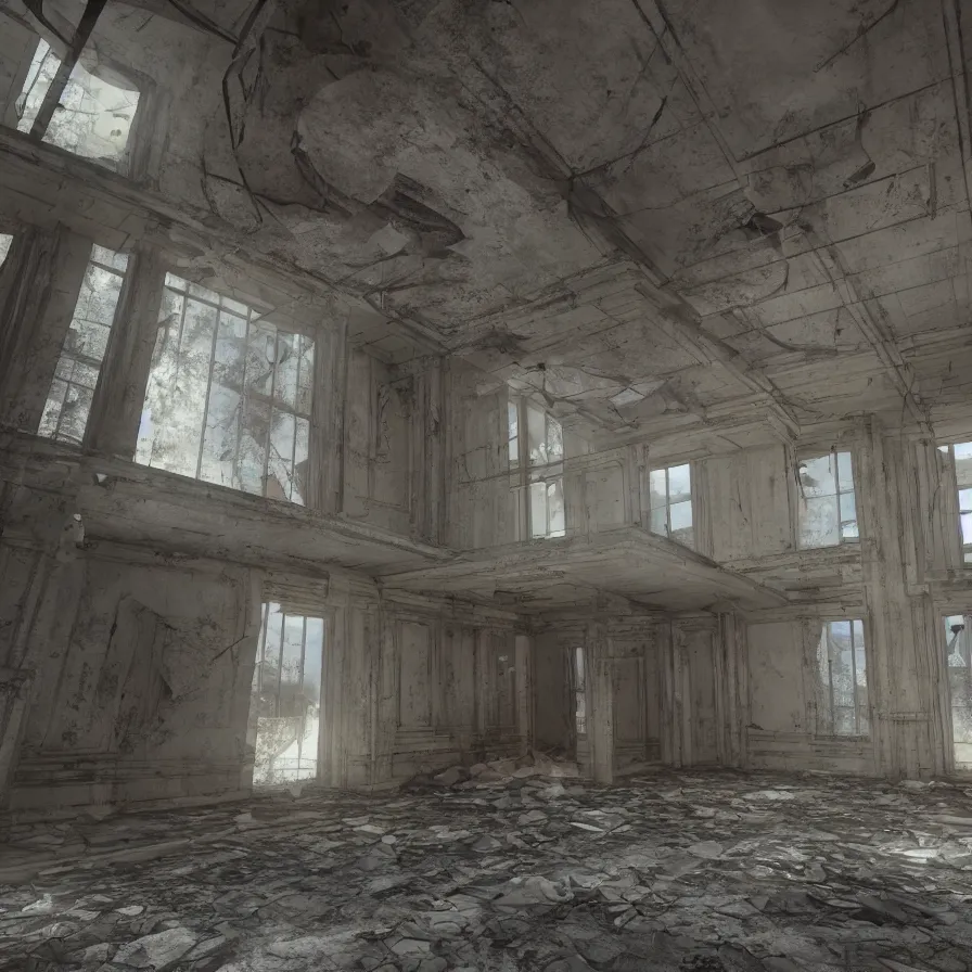 Image similar to liminal space, strange architecture interior, slightly unsettling place, rendered in unreal engine 5, hyperrealistic interior, feeling lost in an abandoned building, clean, unreal vision