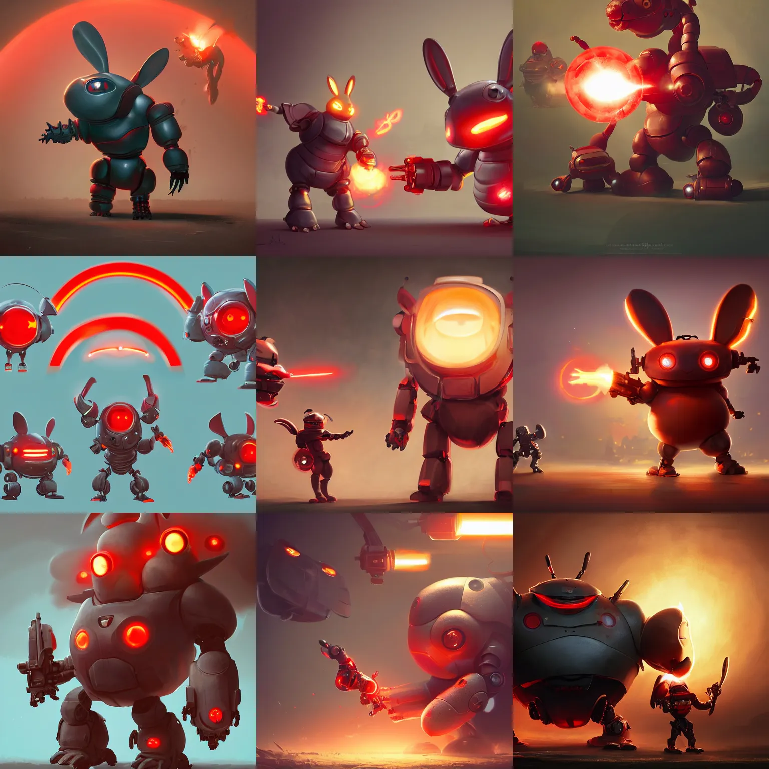 Prompt: sideview of cute chubby dangerous angry 3 years old robots childs in battle pose ruling the world with big glowing red eyes and big rabbit ears , big complex belly mechanism , studio light, wapor wave retro design by greg rutkowski