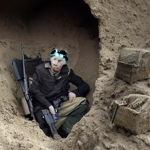 Image similar to Putin, fully equipped, is sitting in a trench and shooting back at the Ukrainians. Super detailed style/ HD textures/Detailed face of Putin/ detailed processing of details