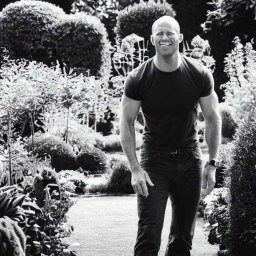 Prompt: professional photograph of Jason Statham smiling in a garden