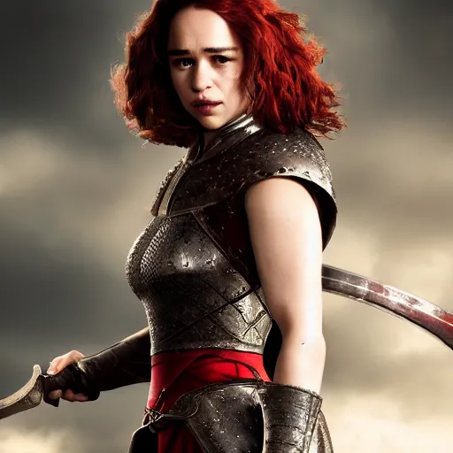 Image similar to emilia clarke, as a medieval fantasy character, with dark reddish hair, wearing light, silver armor and red clothing, tan complexion, holding a longsword, determined expression, noble, cinematic, dark, realistic, digital art, 8 k