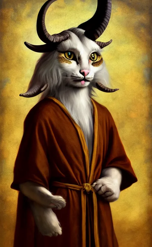 Image similar to a bipedal cat that has goat horns, anthropomorphic cat that is wearing robes, oil painting, by leonardo da vinci, dnd, character reveal, cosmic, magical, fog, noble, full body portrait, extremely detailed, cult, ritual, 4 k, 8 k