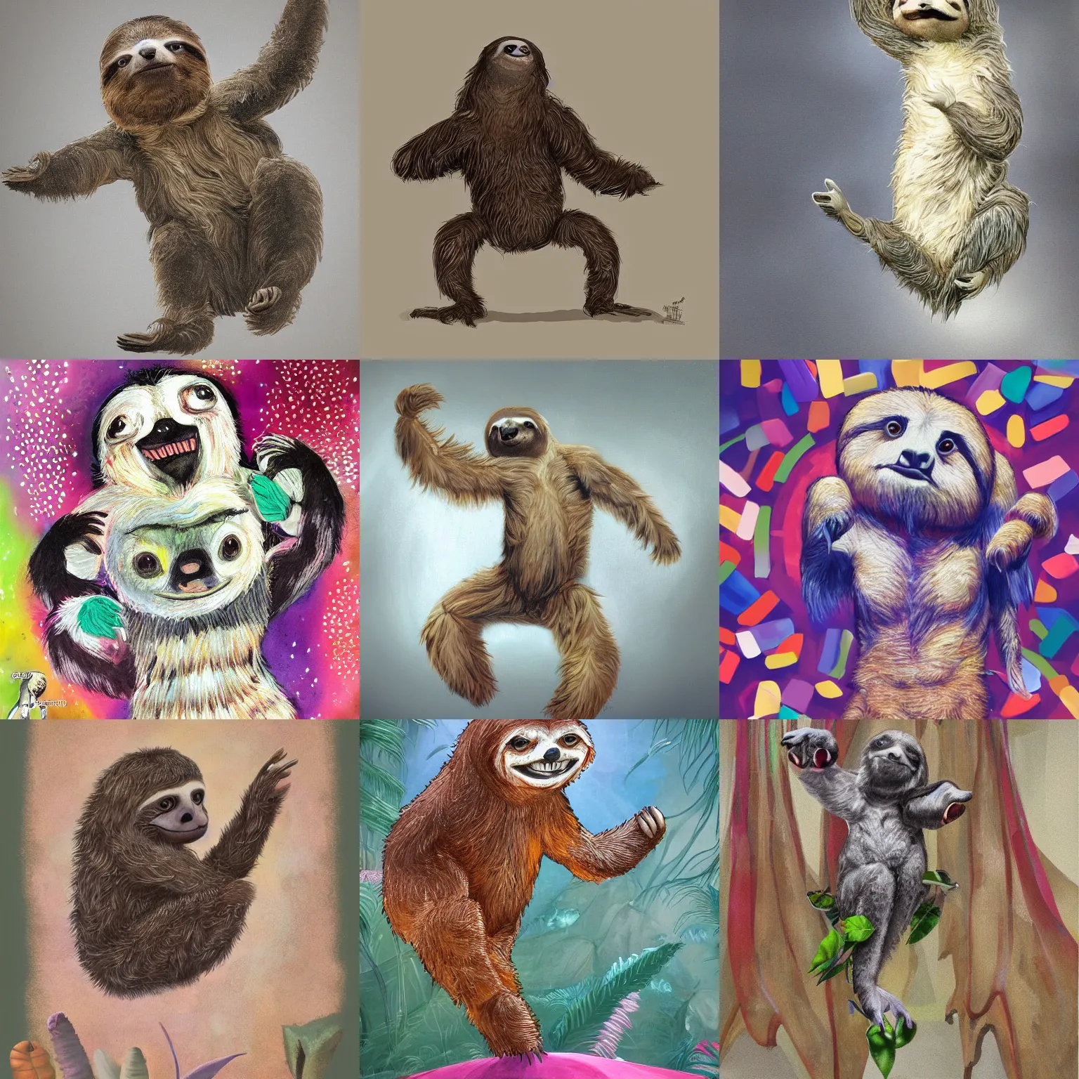 Image similar to beautiful art of a sloth dancing with joy, full body art, trending on ArtStation