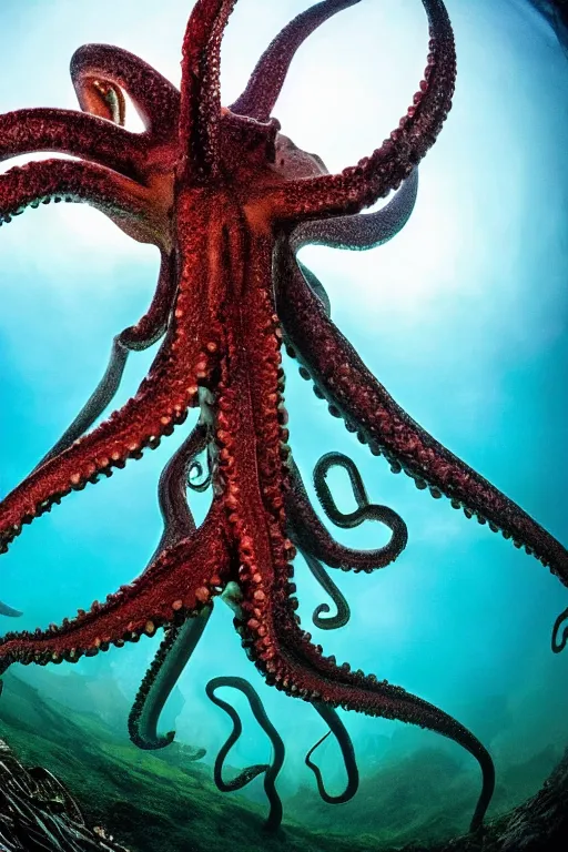 Image similar to a spectacular wideangle shot of a giant scary octopus dressed a a rococo queen, award winning National Geographic Nature photography