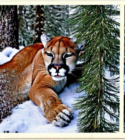 Image similar to damaged postcard of 'a cougar sleeping in the middle of snowy pine tree' laying on coffee table, zoomed out shot