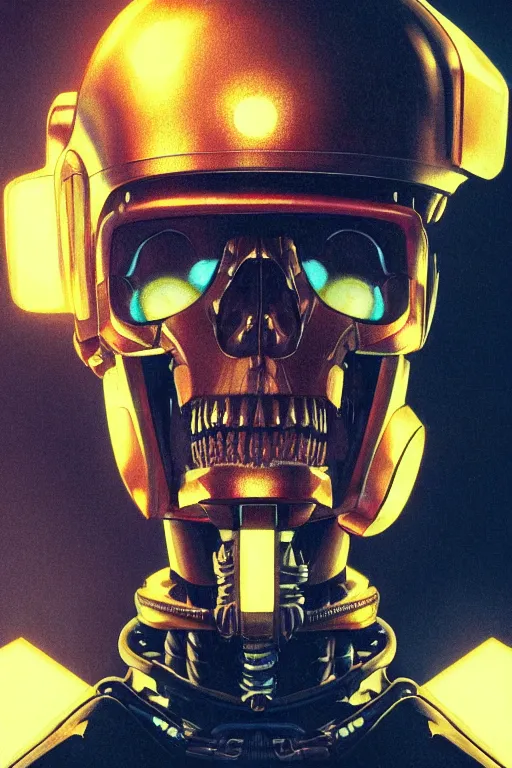 Prompt: Close-up portrait of a robot with a skull inside the helmet, dramatic backlighting, golden hour, autochrome, high contrast, highly detailed, sharp focus, focused macro photography, digital painting, concept art, illustration, cyberpunk, solarpunk, trending on artstation, art by greg rutkowski and greg hildebrandt, composition by Alphonse mucha