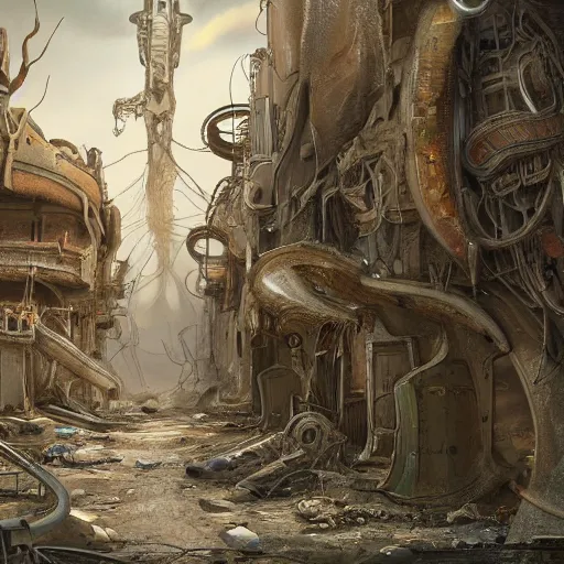 Prompt: detailed painting of a scifi abandoned western village, celestial ephemeral ornaments and art nouveau architecture, artstation, h. r giger, in yemen, cinematic