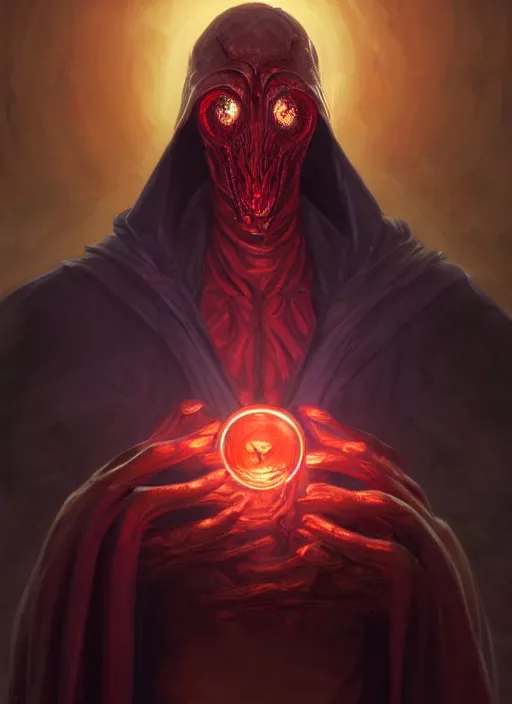 Image similar to Portrait of a Mind Flayer, red glowing eyes, fantasy, extremely detailed, digital painting, artstation, concept art, smooth, sharp focus, illustration, stunning lighting, art by artgerm and greg rutkowski and alphonse mucha and simon stalenhag, realistic character concept, high fantasy, dark atmosphere, golden ratio, cinematic lighting, hyperdetailed, high resolution, insanely detailed and intricate, artstation, Marc Simonetti, Greg Rutkowski, 8k