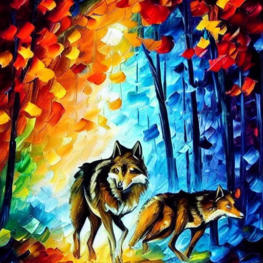 Image similar to “wolves hunting people, style of Leonid afremov”