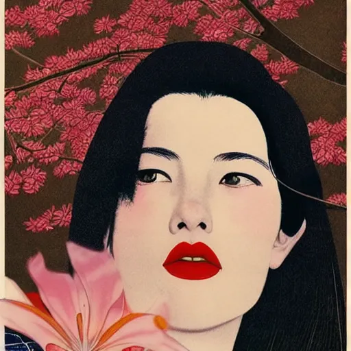 Image similar to “ liv tyler portrait by ikenaga yasunari and ayana otake and ko rakusui, 6 0 s poster, drawing, realistic, sharp focus, japanese, dreamy, nostalgia, faded, golden hues, floral clothes, porcelain skin ”