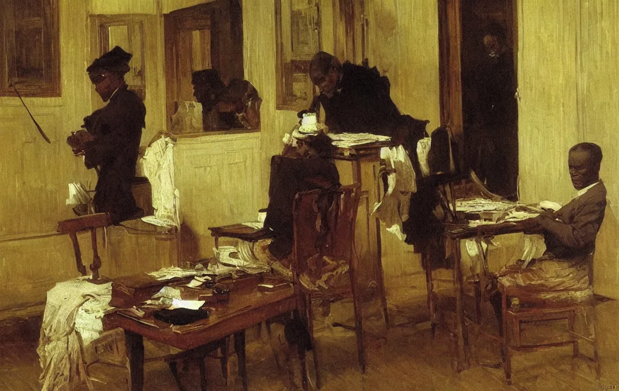 Prompt: colonial clerk working in office in lagos, 1905, highly detailed oil on canvas, by Ilya Repin