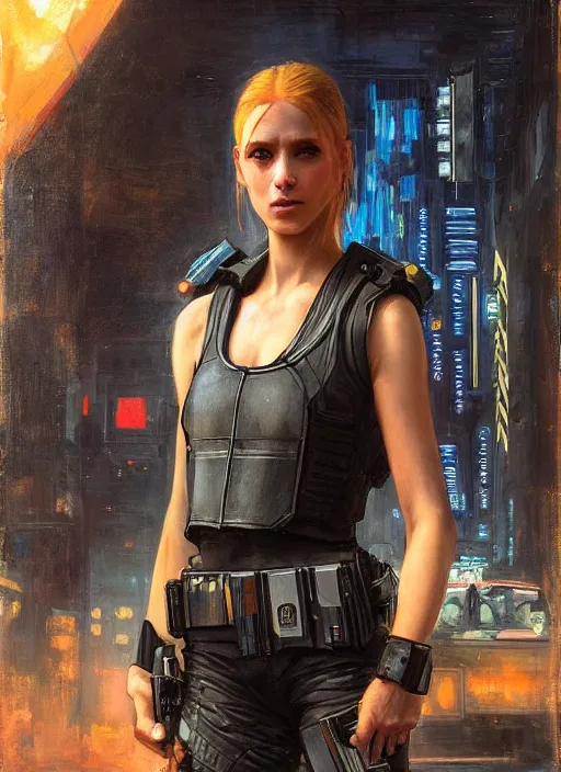 Prompt: 👩🏼🚀. cyberpunk police trooper in a military vest ( blade runner 2 0 4 9, cyberpunk 2 0 7 7 ). orientalist portrait by john william waterhouse and james gurney and theodore ralli and nasreddine dinet, oil on canvas. cinematic, hyper realism, realistic proportions, dramatic lighting, high detail 4 k