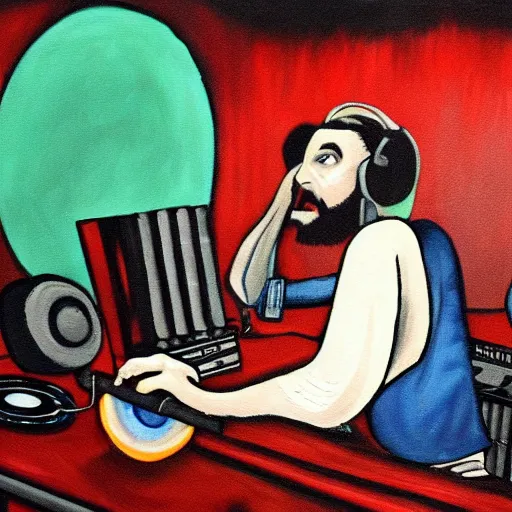 Image similar to painting of the devil as a dj with hand on record spinning