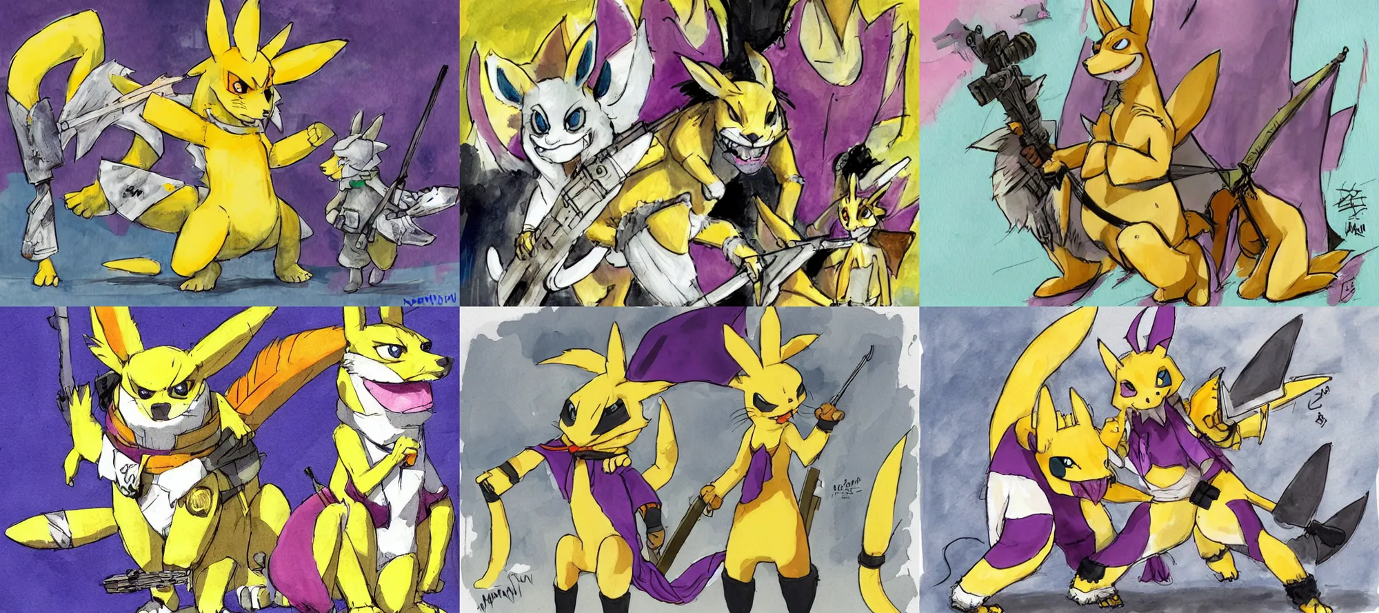 Prompt: renamon wearing bandanna wielding claymore, art by quentin blake