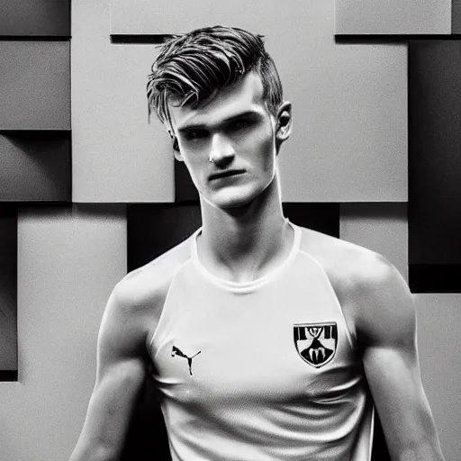 Image similar to a realistic detailed photo of a guy who is an attractive humanoid who is half robot and half humanoid, who is a male android, soccer players martin ødegaard & timo werner, shiny skin, posing like a statue, blank stare, in a living room, on display, showing off his muscles, gold soccer shorts, side view, repairing the other one