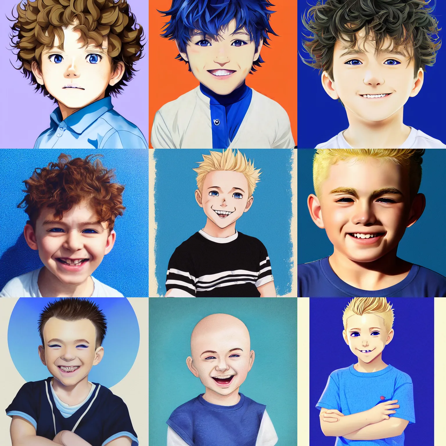 Prompt: A medium shot anime portrait of a young smiling anime boy child with extremely short curly wavy blonde hair and blue eyes, buzzed sides, blue-eyed, chubby face, very young, 4yr old, medium shot portrait, his whole head fits in the frame, solid color background, flat anime style shading, digital drawing by Stanley Artgerm Lau, WLOP, Rossdraws, James Jean, Andrei Riabovitchev, Marc Simonetti, and Sakimi chan, trending on artstation