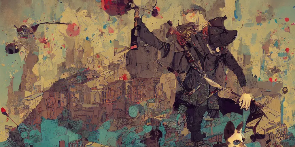 Prompt: beautiful painting of a corgi assassin king, by Jamie Hewlett, Victo Ngai, Ismail Inceoglu. trending on Artstation, 8k, masterpiece, graffiti paint, fine detail, full of color, intricate detail, golden ratio illustration