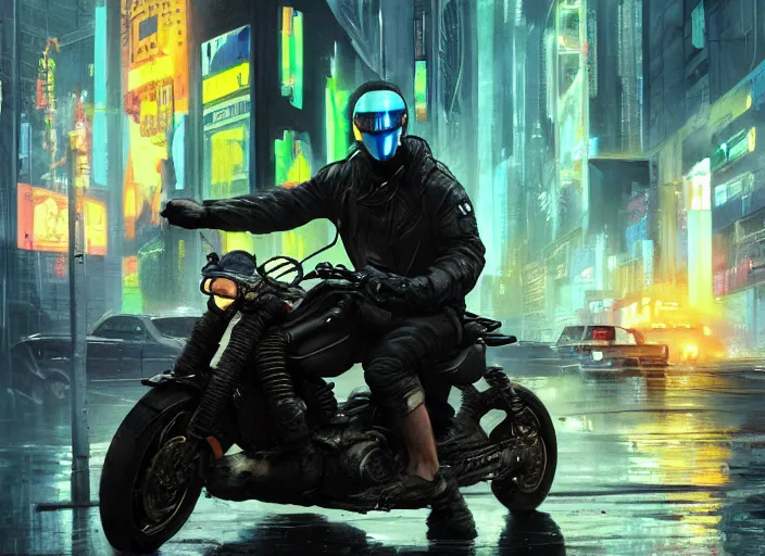 Image similar to ezra evades sgt griggs. cyberpunk hacker escaping menacing cops ( blade runner 2 0 4 9, dystopian, cyberpunk 2 0 7 7 character design ). epic painting by james gurney and laurie greasley, oil on canvas. cinematic, hyper realism, realistic proportions, anatomy, dramatic lighting, high detail 4 k