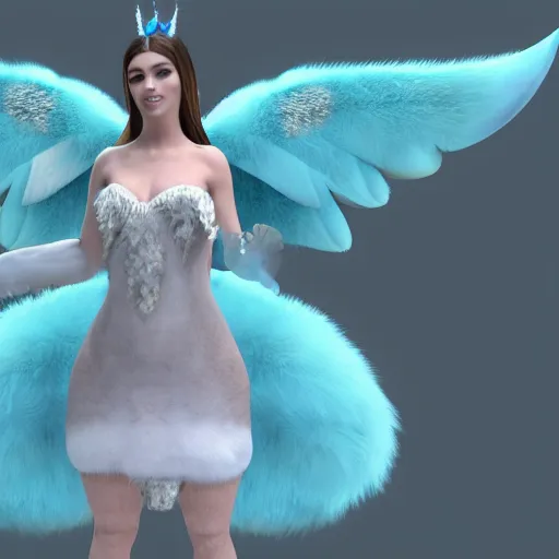 Image similar to 3 d render, well toned, large, female anthropomorphic wolf with wings, blue fur and scales with white spots and wings on her back, ice blue dress, furr covering her chest.