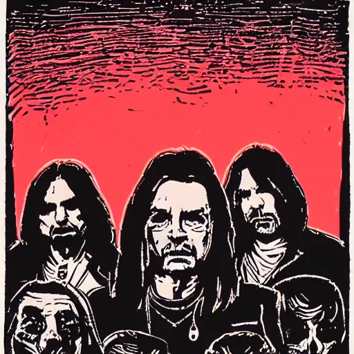 Prompt: a linocut engraving of black sabbath playing a concert