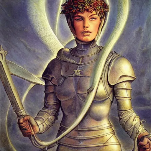 Image similar to jeanne d'arc in the style of william blake, terese nielsen, detailed, intricate, beautiful faces, steve argyle, pastoral fantastic reality