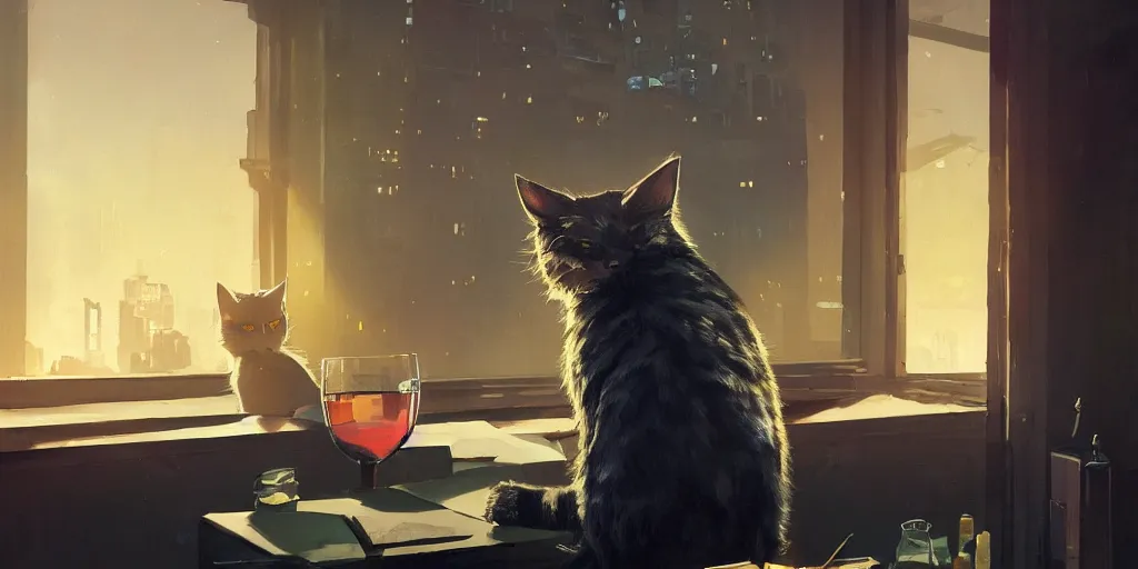 Prompt: detective cat drinking at his office, zenith view, warm color palette, night time, dramatic lighting, noir film, fine details, high contrast, blacksad, juan diaz canales, juanjo guarnido, greg rutkowski, trending on artstation, 8 k, ultra wide angle