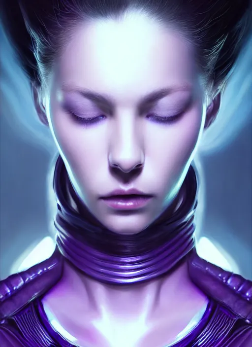 Prompt: top down lighting, extreme close up, stunning portrait of a woman in purple leather future armor with a long black ponytail, purple eye, glowing with void energy, spaceship hallway, intricate, mood lighting, highly detailed, digital painting, artstation, concept art, smooth, sharp focus, illustration, art by wlop, mars ravelo and greg rutkowski