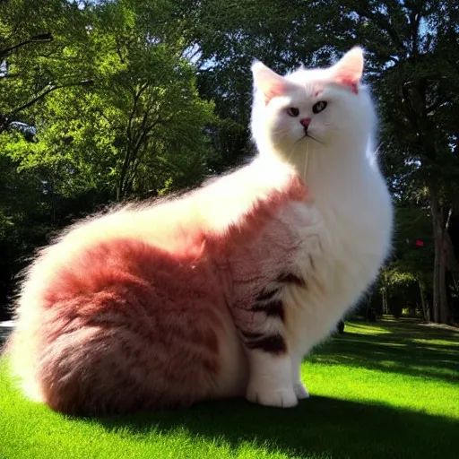 Image similar to giant! cat larger than trees with fur overwhelmingly ( very very fluffy! ) giant! puffy fur in a park drone picture