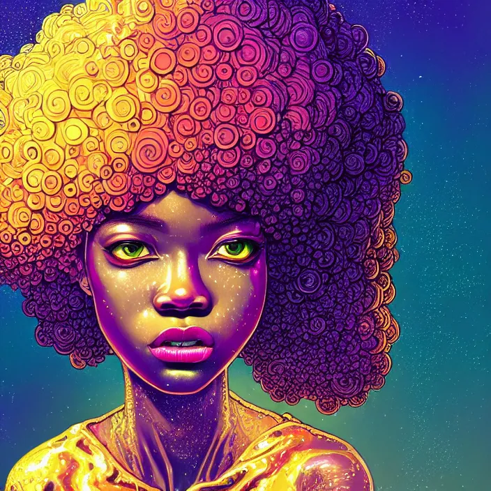 Image similar to ultra detailed illustration of a angry afro american girl covered in a sea of liquid chrome, metal material, lost in a dreamy orental realm by Victo Ngai, Andrew Thomas Huang, Ohrai Noriyoshi,, colorful, front view, synthwave, 8k, coherent, artgerm, uplifting, magical composition, artstation