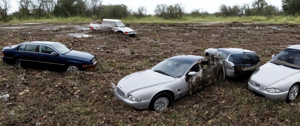 Image similar to a abandoned 2 0 0 4 jaguar xj 8 buried underwater alongside a 2 0 0 1 chevrolet suburban.