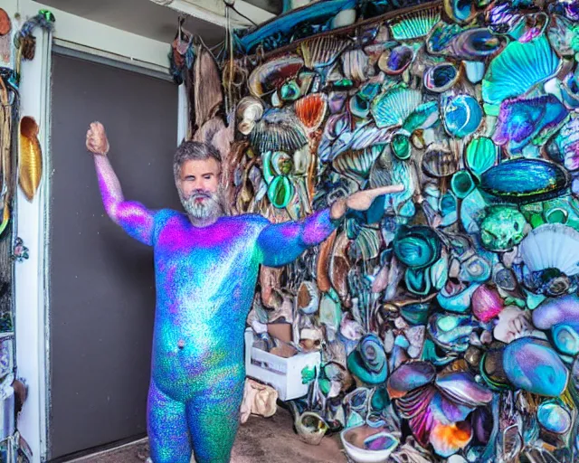 Prompt: a human standing in his garage, covered with iridescent bodypaint, shells and barnacles