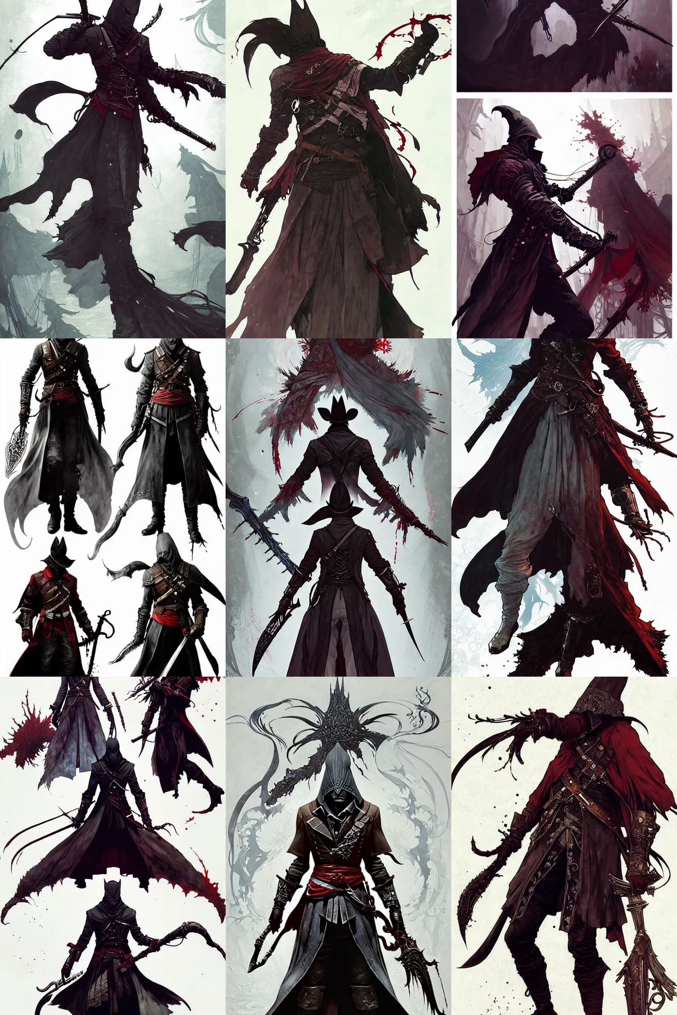 Prompt: detailed illustrations of characters from a bloodborne and assassin's creed crossover, various action poses, by conrad roset, by yoshitaka amano, by ruan jia, by alphonse mucha, cgsociety, artstation, portfolio quality.