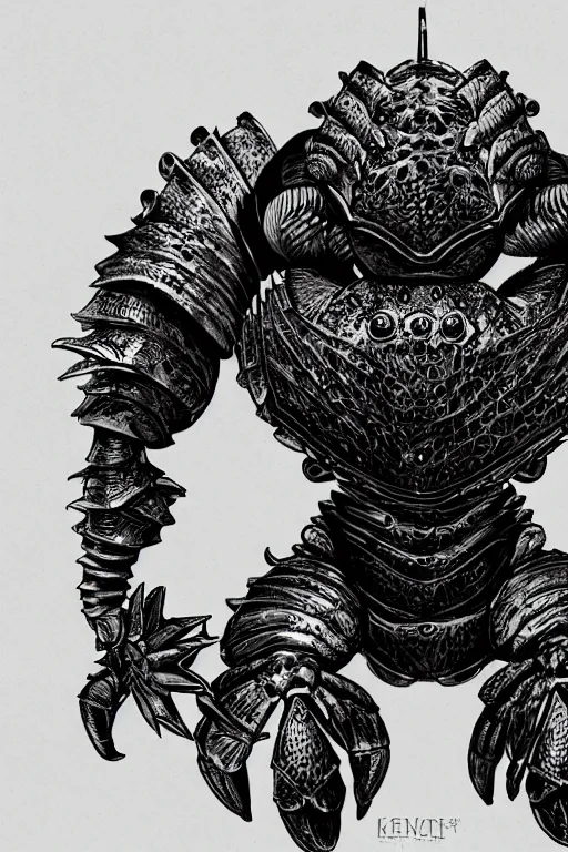 Prompt: armoured warrior humanoid crab monster, symmetrical, highly detailed, digital art, limpet themed armour, sharp focus, trending on art station, ambient lighting, kentaro miura manga art style