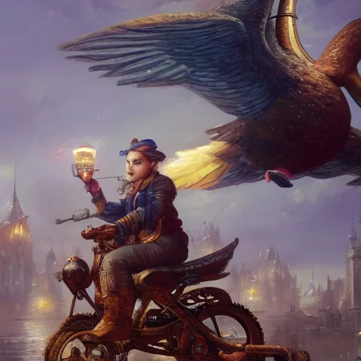 Image similar to hamster riding giant duck, oil painting, steampunk clothes, steampunk city background, sharp focus, fantasy style, octane render, volumetric lighting, 8k high definition, by greg rutkowski, highly detailed, trending on art Station, magic the gathering artwork explosions, centered