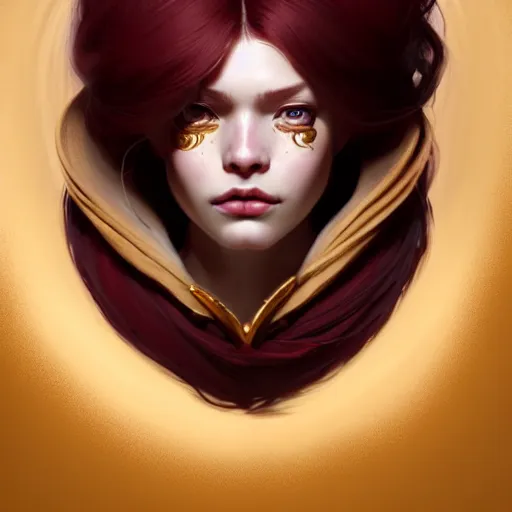 Image similar to Hyperrealistic portrait of a girl with cream coloured hair wearing a heavy maroon cloak, Overwatch inspired, golden accents, face, fantasy, intricate, elegant, highly detailed, digital painting, artstation, concept art, smooth, sharp focus, illustration, art by Wei Fan and Fernanda Suarez and Artem Demura and alphonse mucha