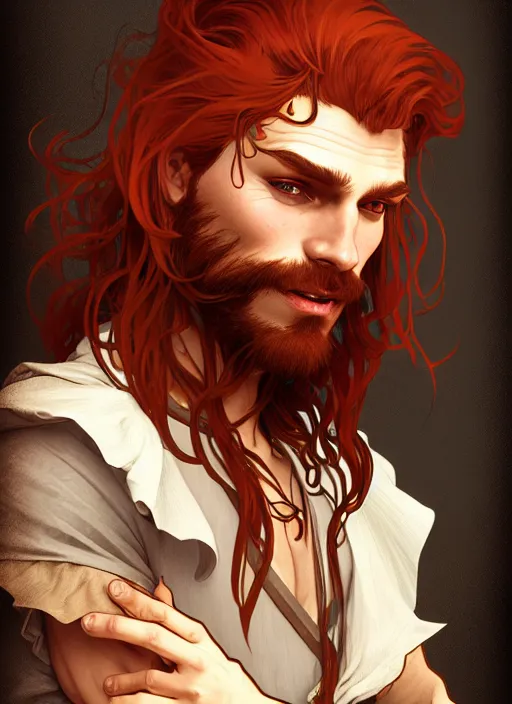 Prompt: portrait of a young ruggedly handsome but joyful pirate, male, masculine, full body, red hair, long hair, d & d, fantasy, intricate, elegant, highly detailed, digital painting, artstation, concept art, matte, sharp focus, illustration, art by alphonse mucha