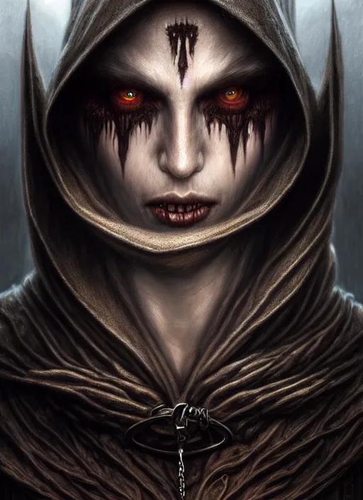 Image similar to closeup portrait shot of a hooded vampire in a scenic dystopian environment, intricate, elegant, highly detailed, centered, digital painting, artstation, concept art, smooth, sharp focus, illustration, artgerm, tomasz alen kopera, peter mohrbacher, donato giancola, joseph christian leyendecker, wlop, boris vallejo