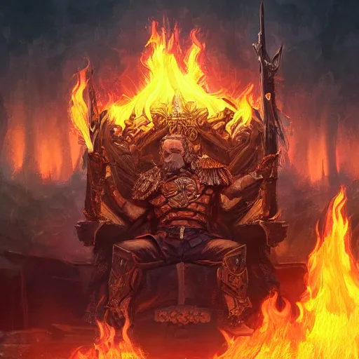 Image similar to Joe Biden sitting on a throne of skulls surrounded by fire, digital painting, highly detailed, trending on Artstation